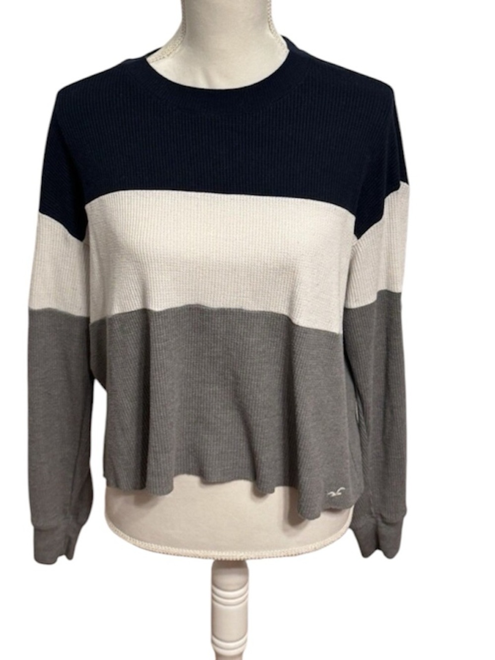 Hollister Boyfriend Tee Navy White Grey striped Pull Over Top Waffled Size S